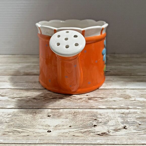 Ceramic Decorative Watering Can Pitcher Vase, Orange, Floral, Spring, Easter - Picture 4 of 10